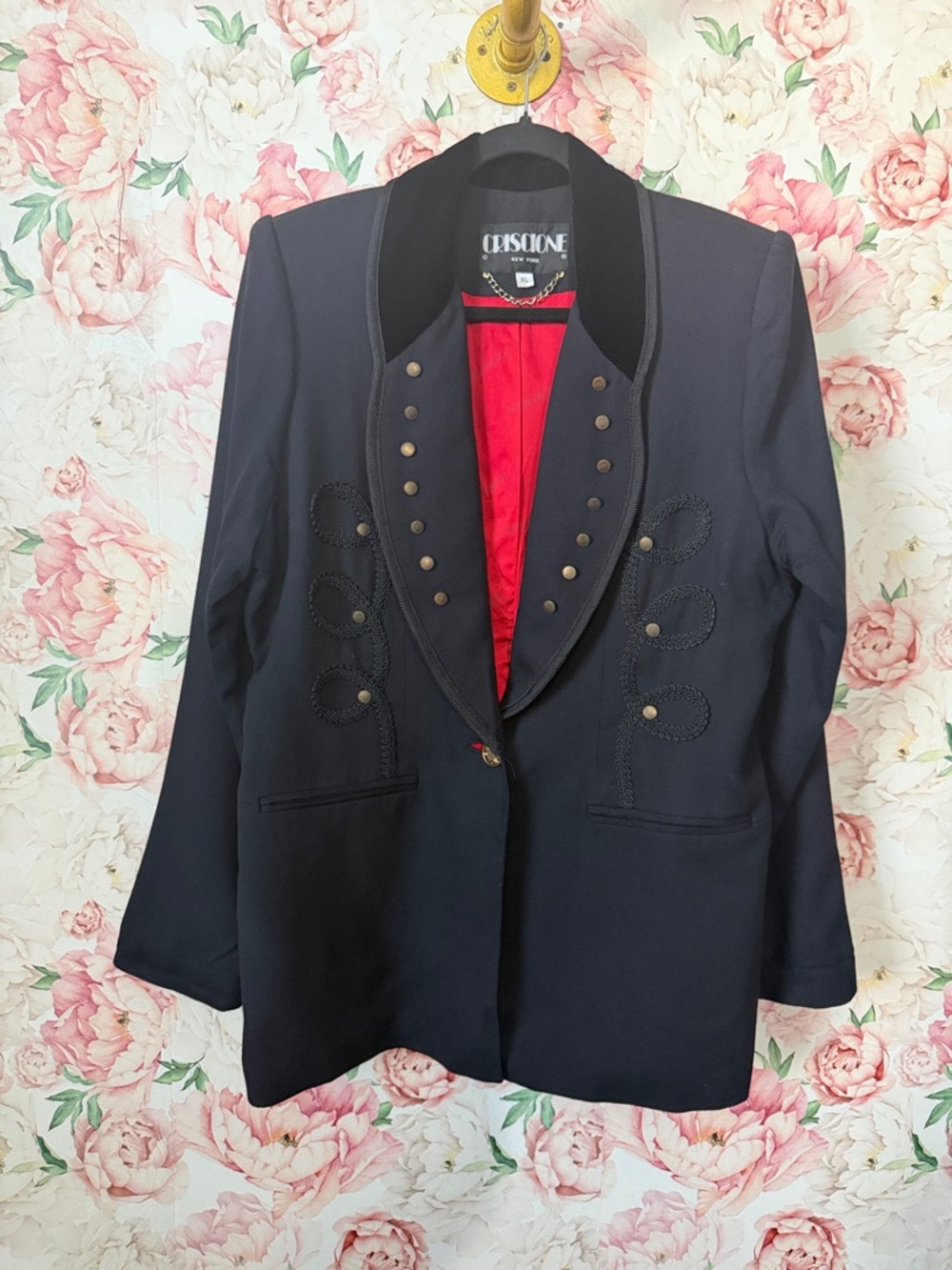 VTG Criscione Black Military-Inspired Blazer with Red Lining size XL Velvet USA